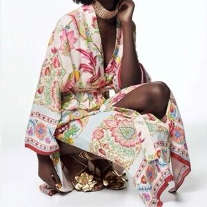 ZARA Kimono Robe Long Duster Multicolor Floral Print Belted Boho Resort Size XS